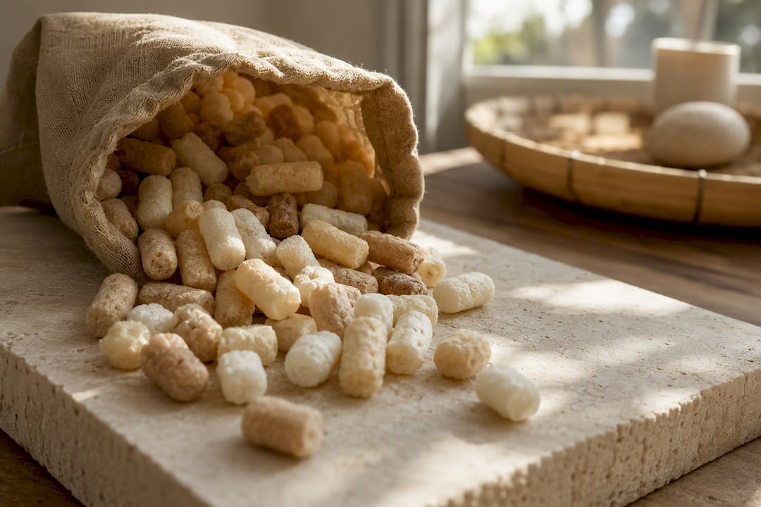 Close-up of biodegradable packing peanuts spilling out