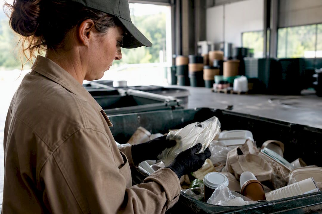Worker handling compostable plastics in composting facility