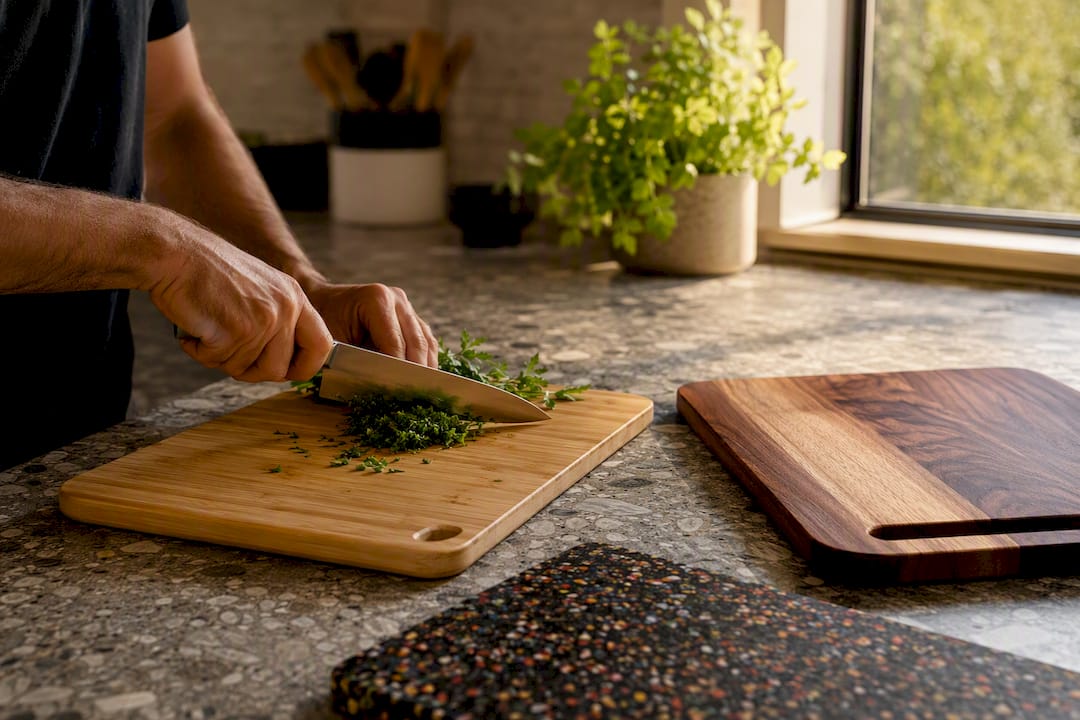 Various cutting boards on kitchen counter