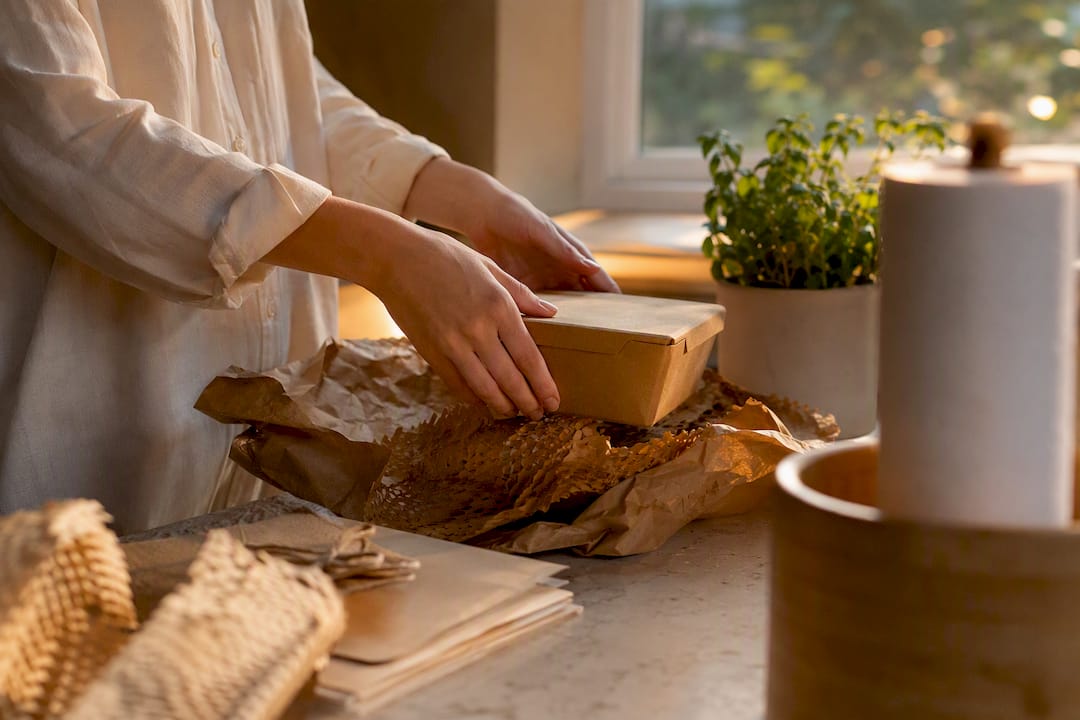 Hands arranging eco-friendly packaging materials
