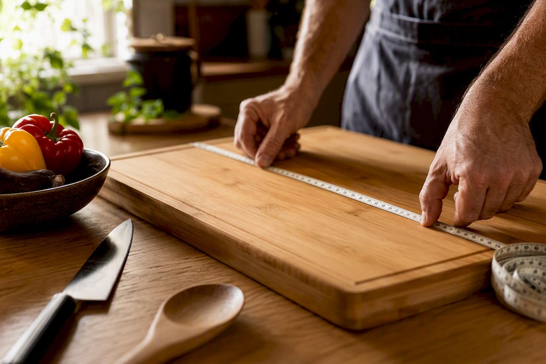 Hands measuring large bamboo cutting board edge