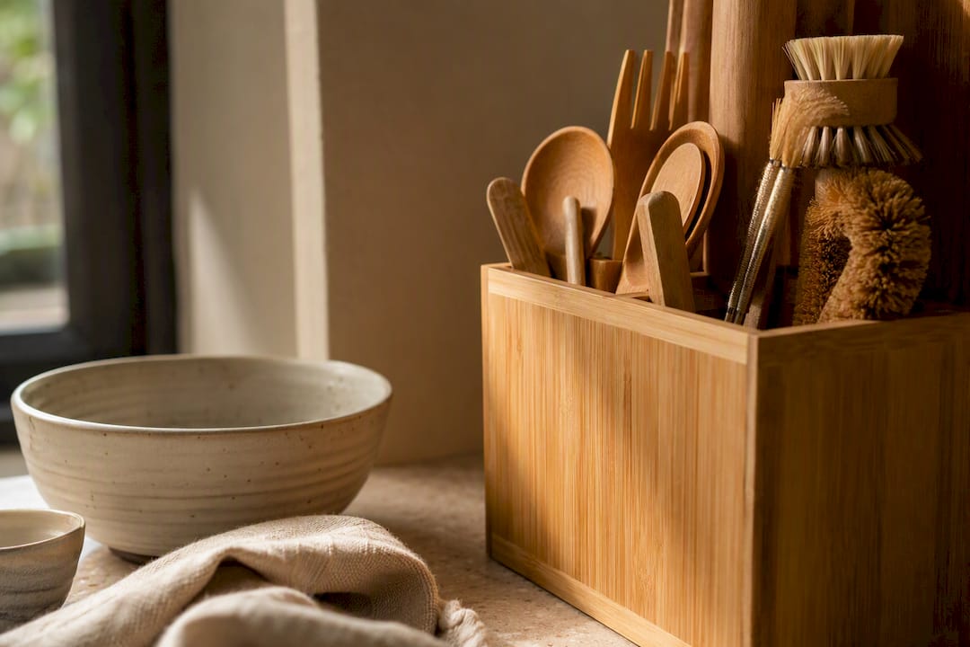 Close-up of bamboo kitchen organizer with utensils