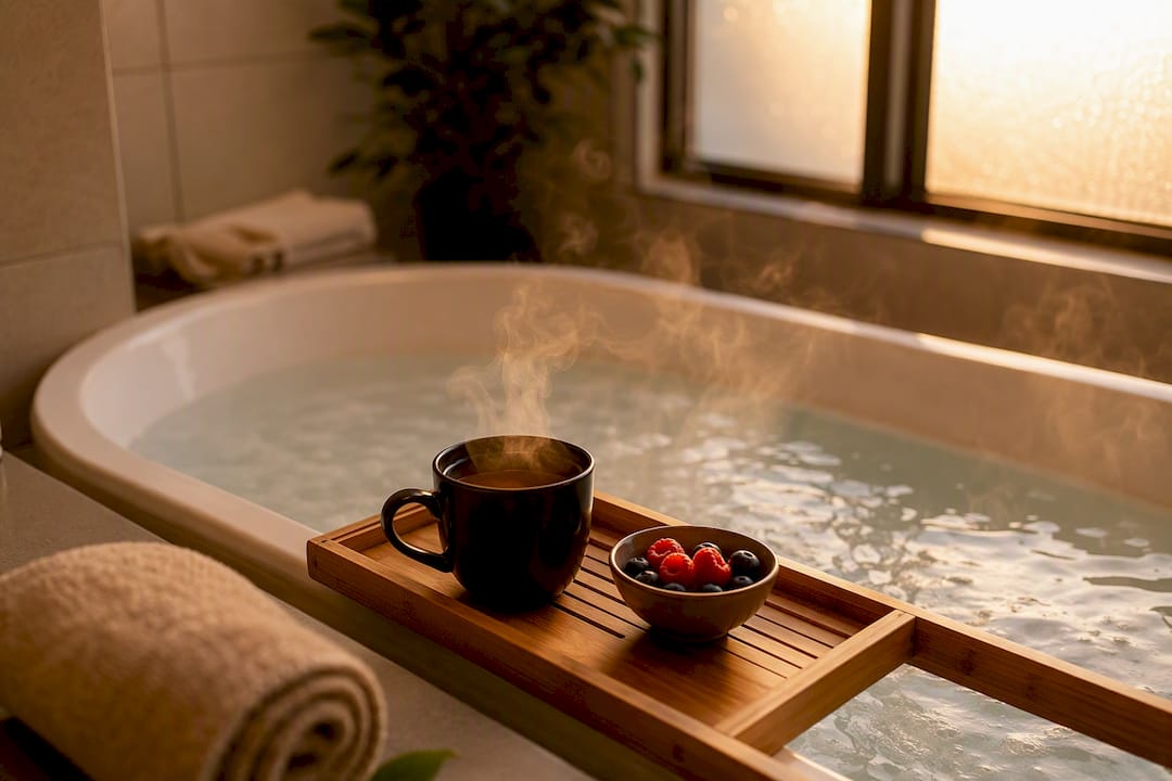 Warm bath setup with bamboo tray and refreshments