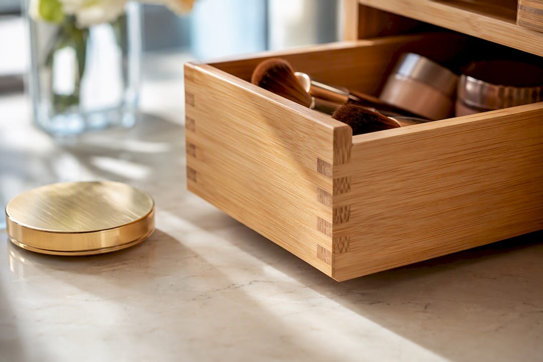 Close detail of bamboo makeup organizer