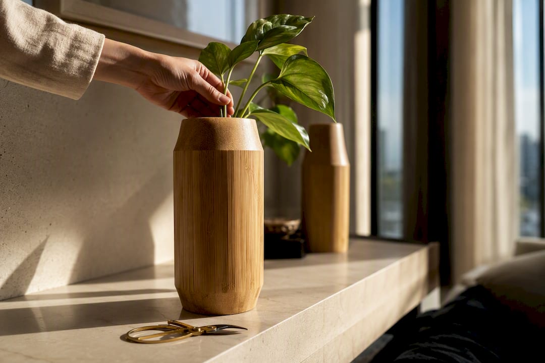 Hand placing foliage in bamboo plant vase