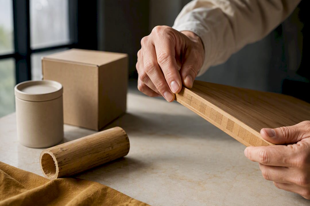 Hands examining bamboo product lifecycle materials