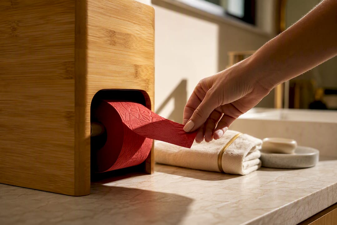 Red toilet paper emerging from bamboo dispenser