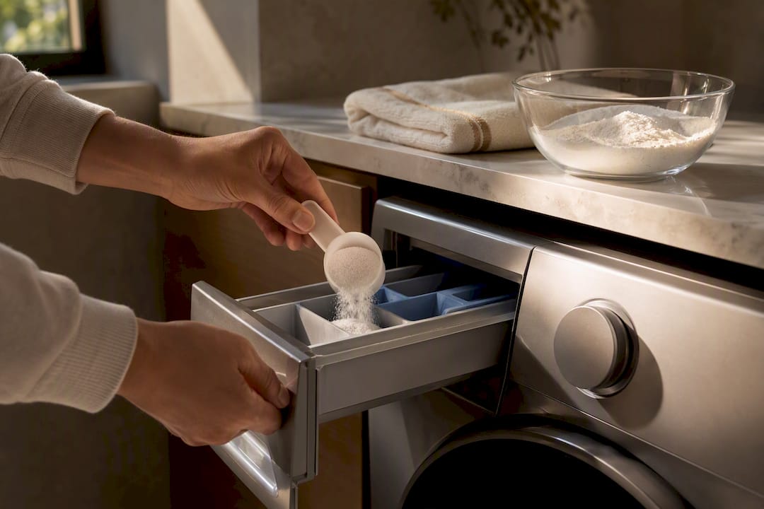 Hands measuring eco detergent for laundry