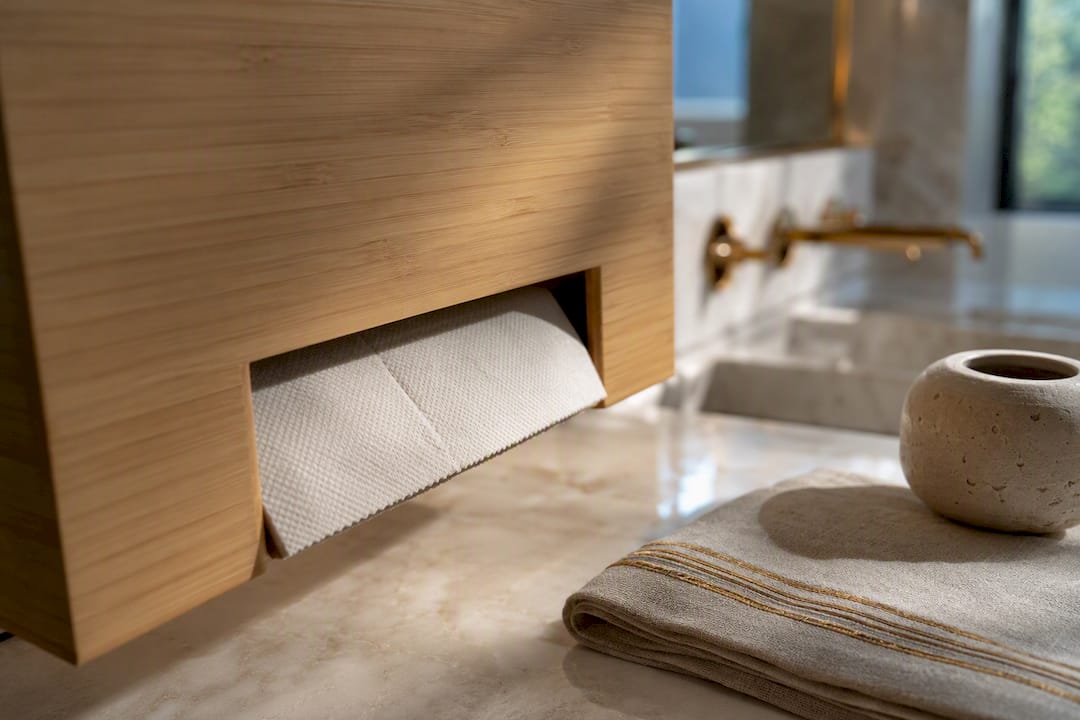 Bamboo dispenser styled in refined washroom