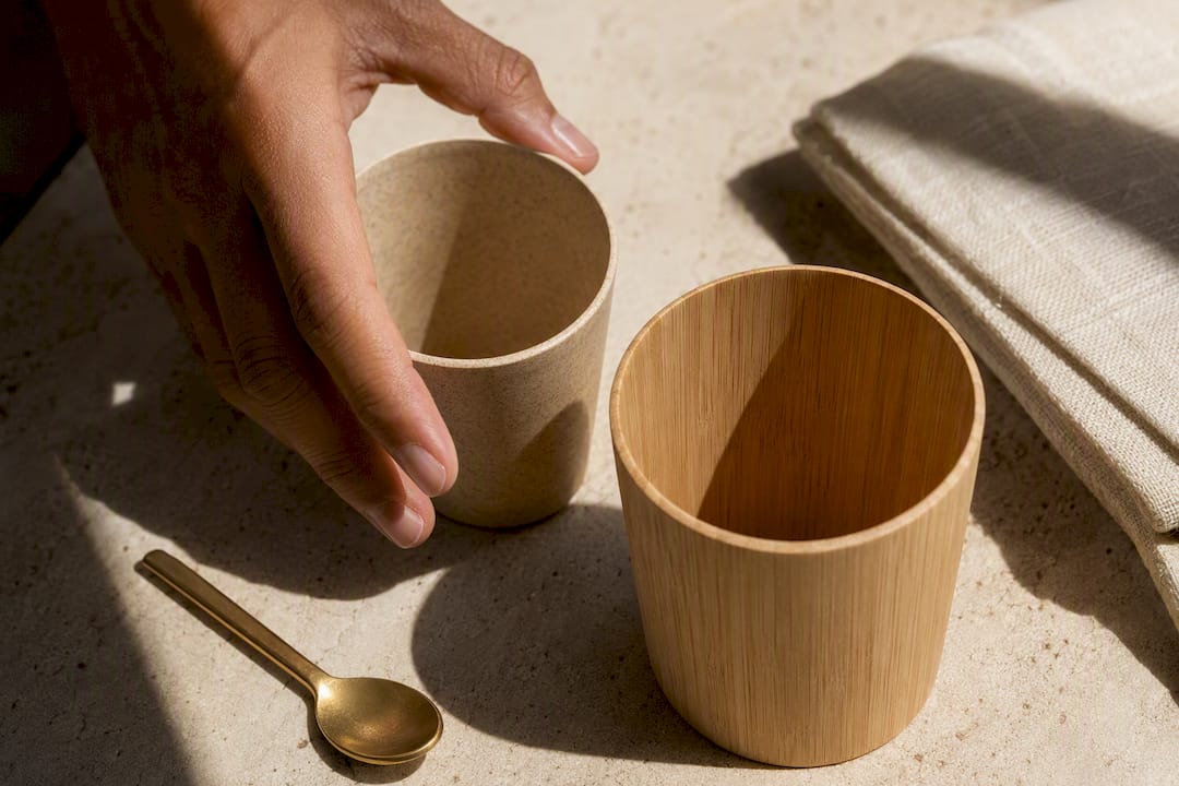 Two bamboo cups with different material textures