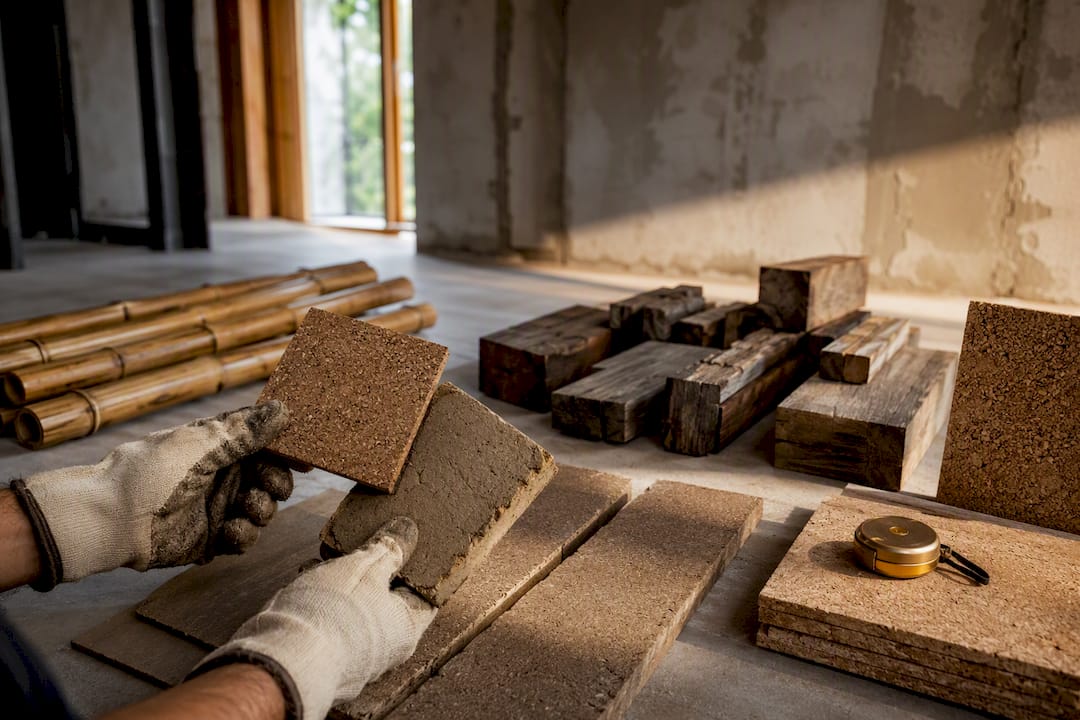 Sustainable building materials arranged at renovation site