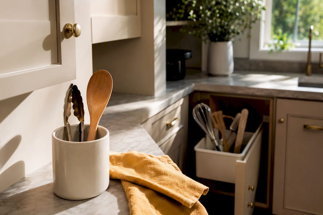 Two-zone utensil storage in a kitchen