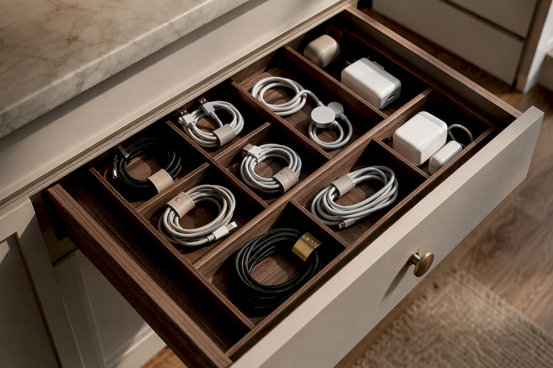 Organized drawer with separated charging cables