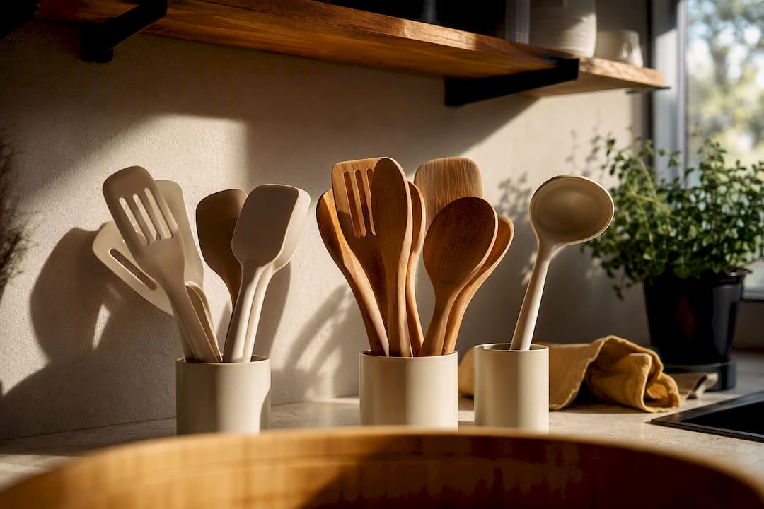 Utensils arranged in a cabinet-free kitchenette