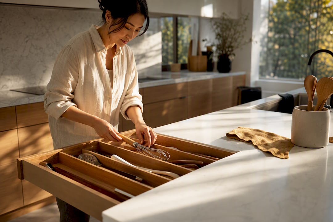 Bamboo utensil storage arranged in kitchen
