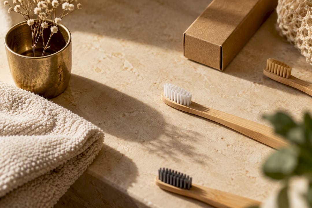 Partial bamboo toothbrush materials on bathroom shelf