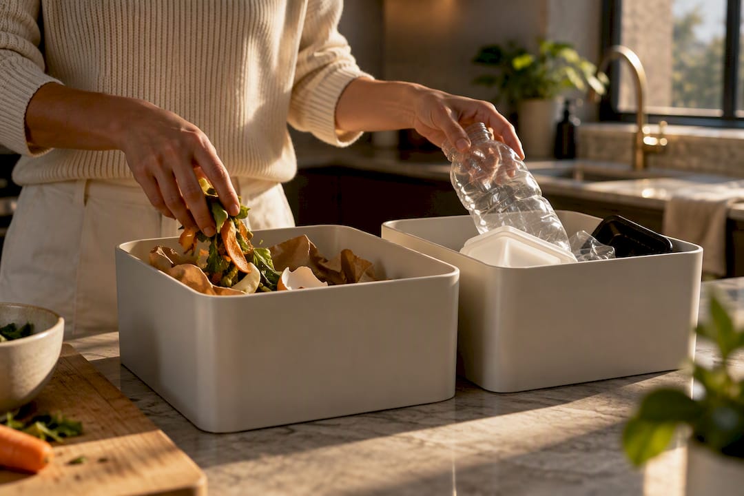 Hands sorting biodegradable and non biodegradable waste