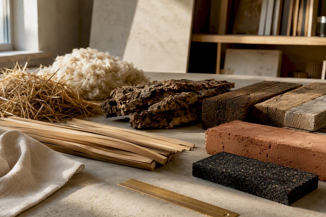 Eco-friendly building material samples arranged on table