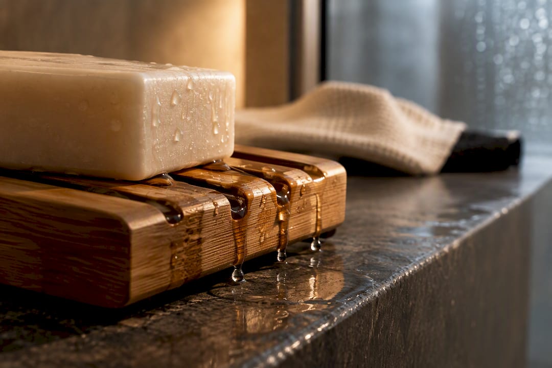Bamboo soap dish draining water in shower