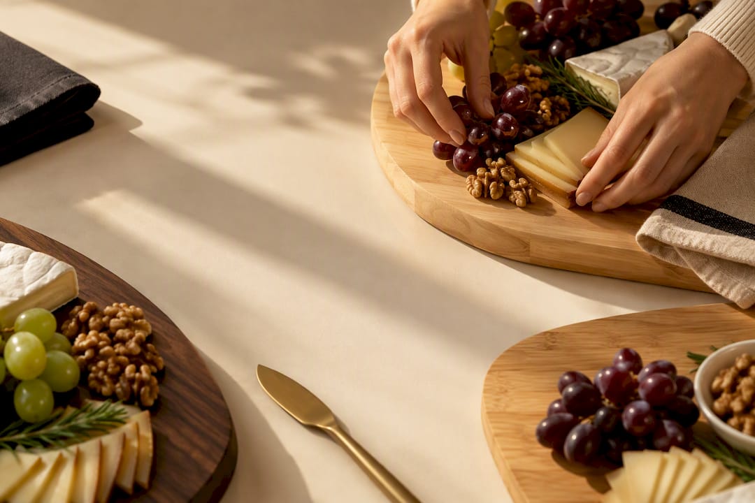 Cheese arranged on varied wood board surfaces