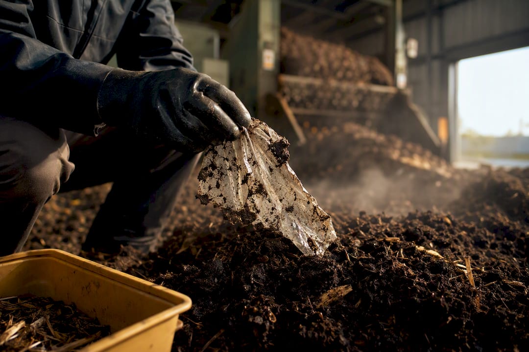 Compostable bag fragment in industrial compost