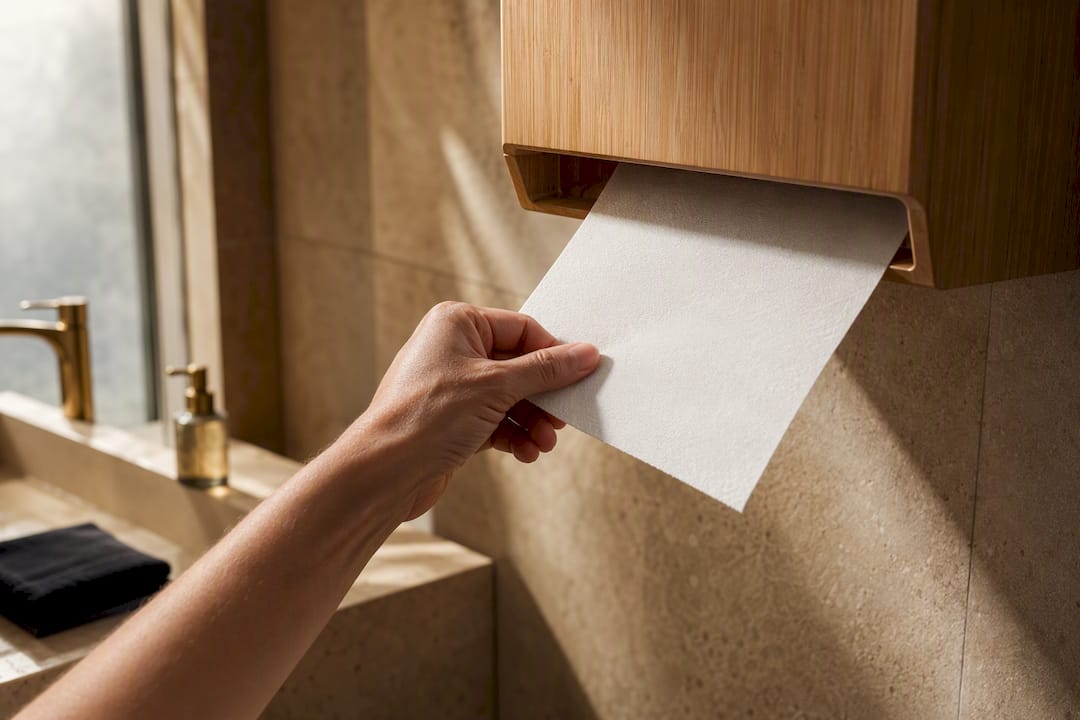 Hand pulls paper from cropped bamboo dispenser