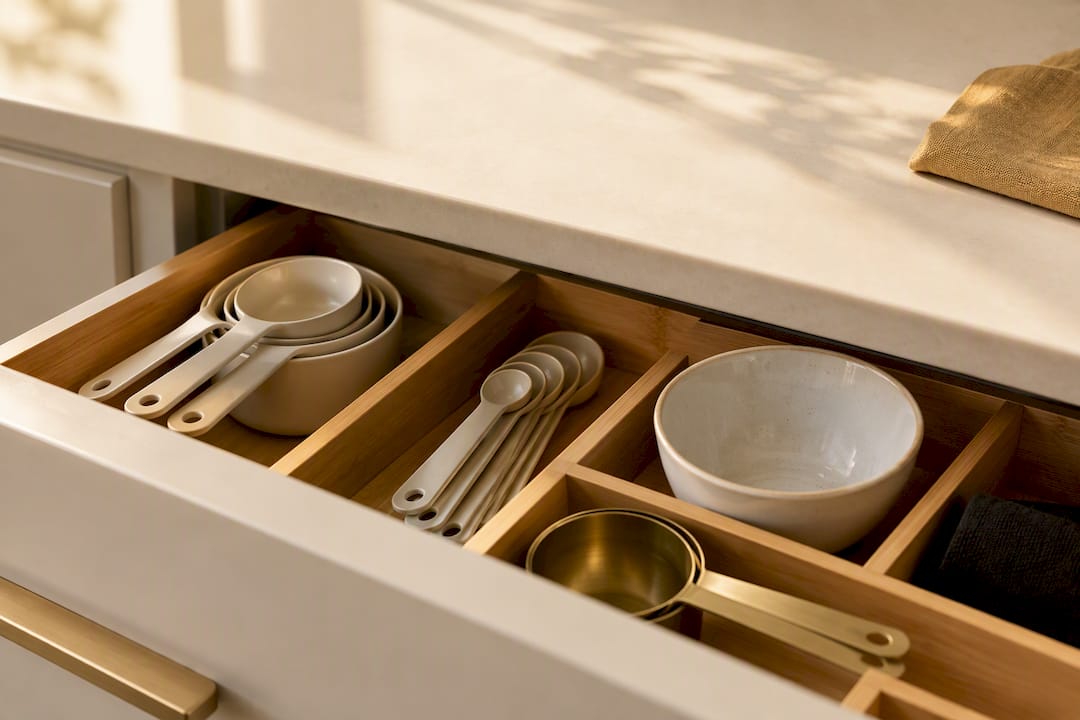 Measuring cups organized in divided kitchen drawer