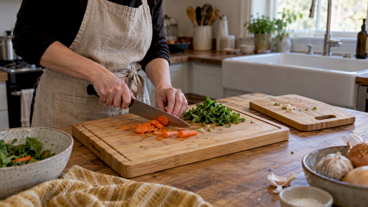 Bamboo cutting board used for kitchen preparation