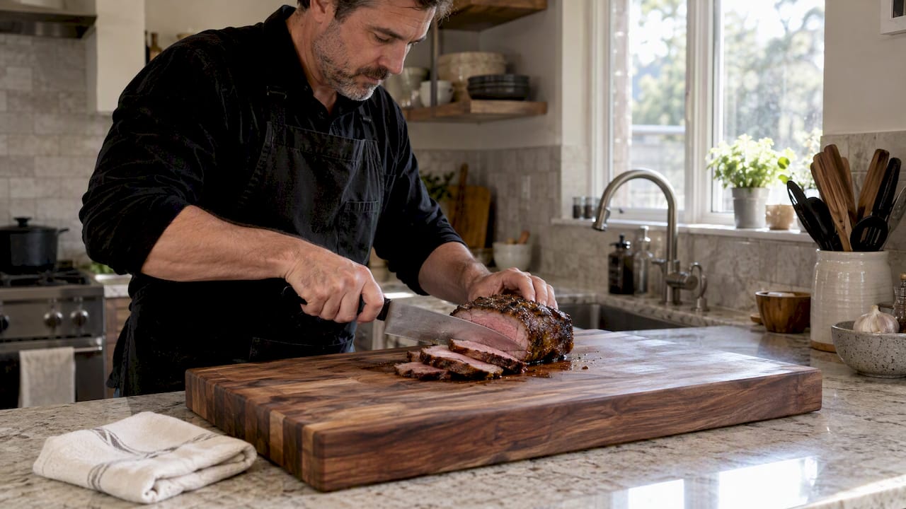 Large wooden cutting board in home kitchen