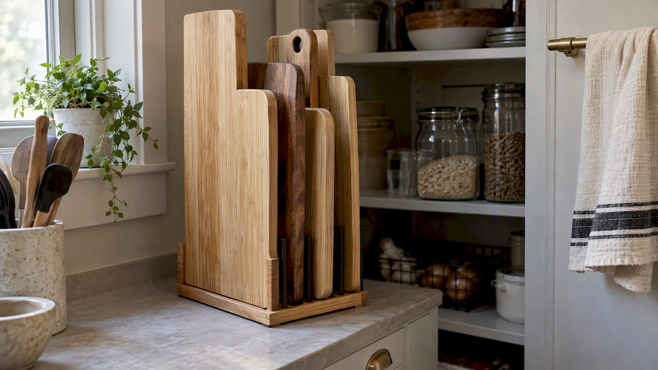 Cutting boards standing upright in drying holder