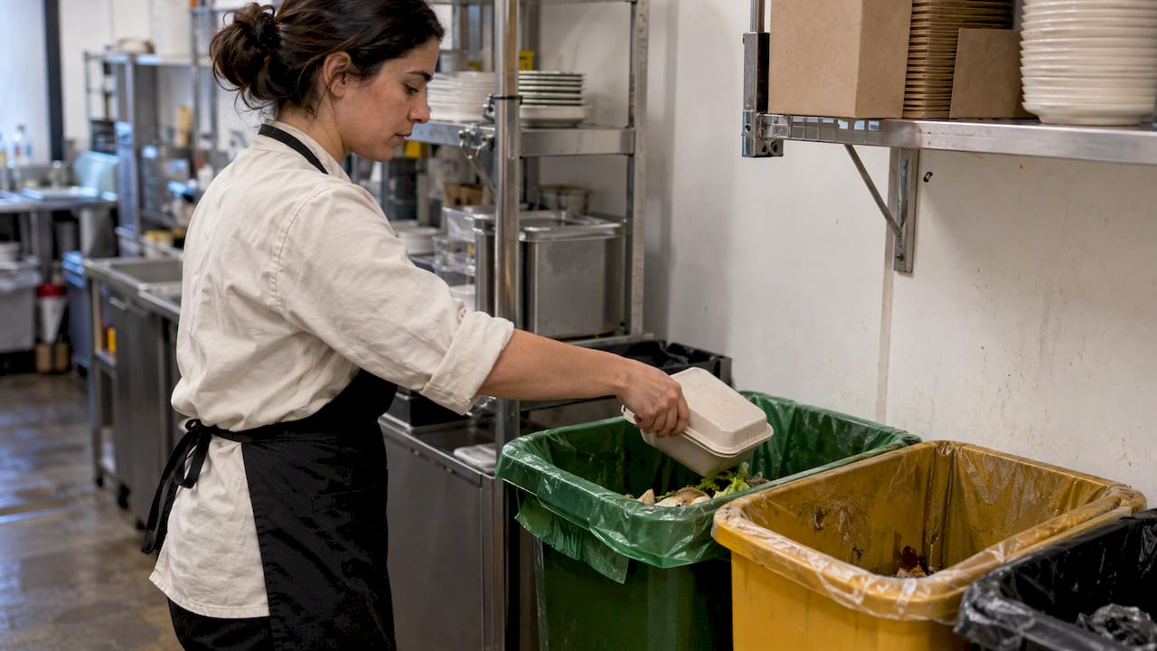 Café worker sorting molded-fiber packaging
