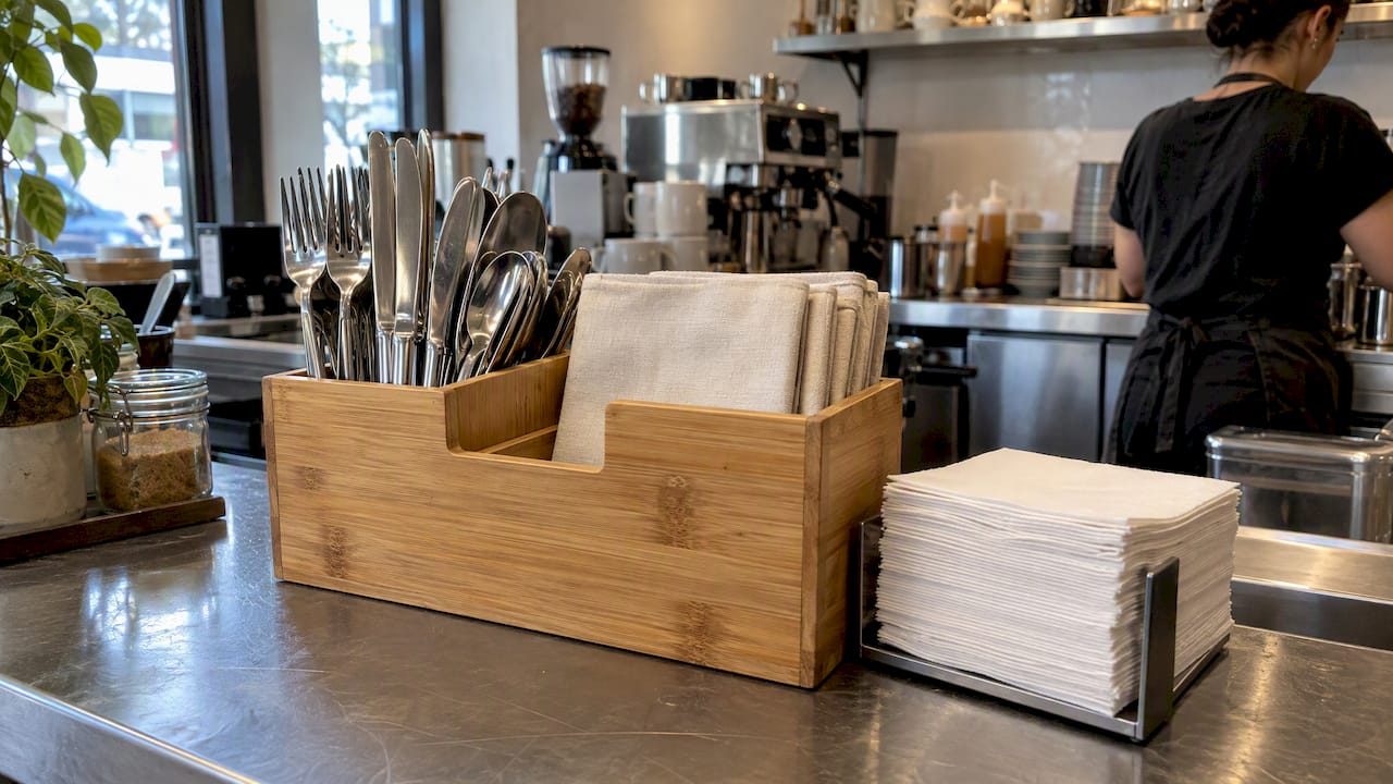 Bamboo organizer holding reusable café utensils