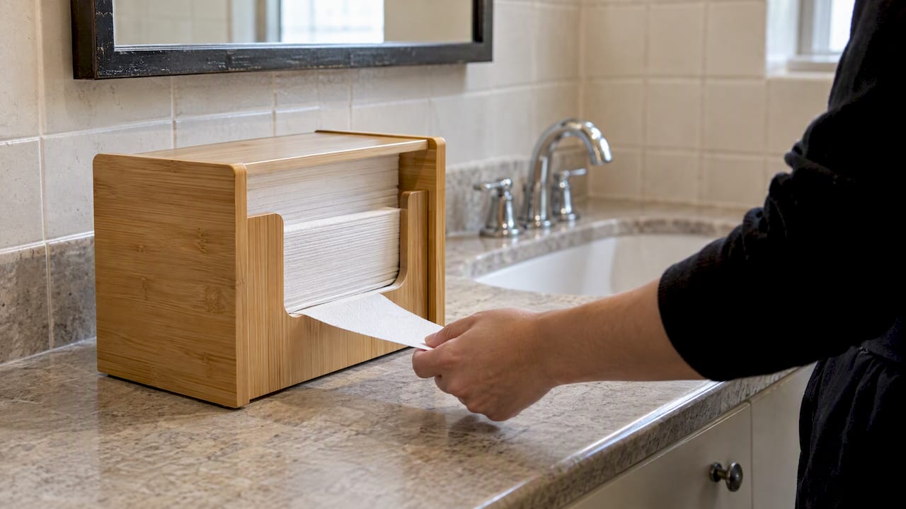 C-fold towel in a bamboo dispenser