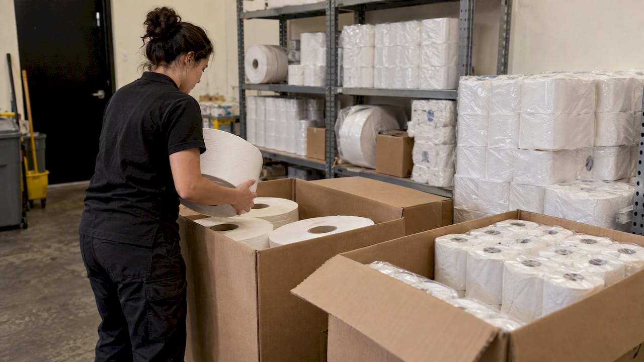 Bulk toilet paper cases in a stockroom