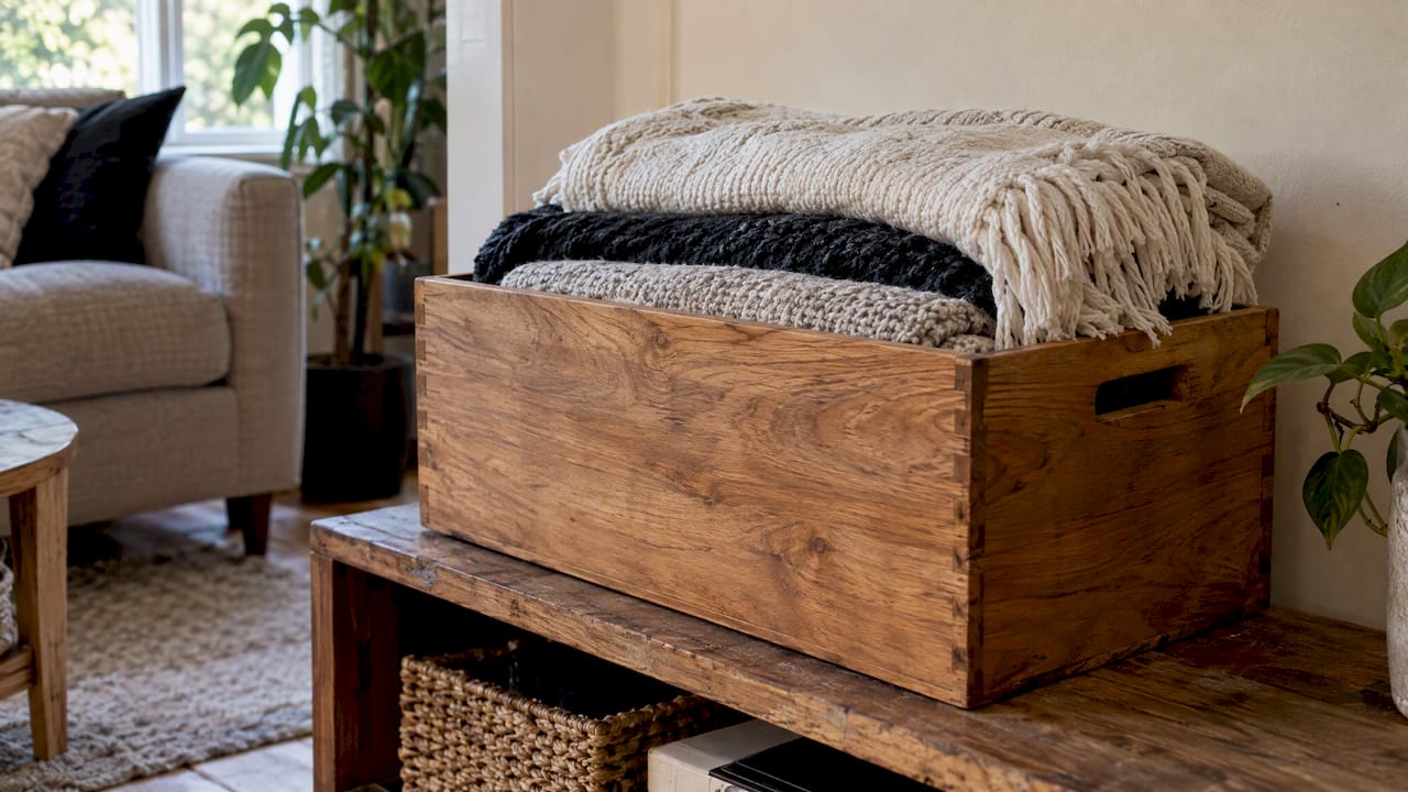 Wooden storage box holding folded throws