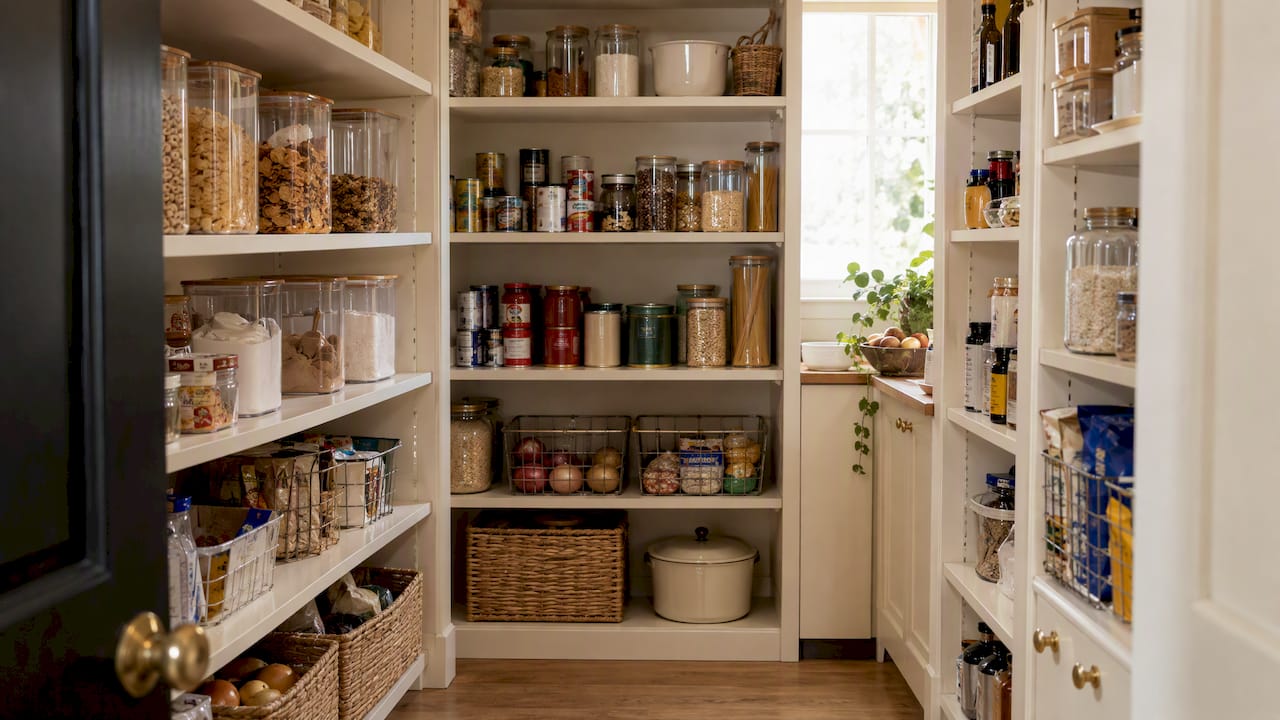 Home pantry shelves grouped into food categories