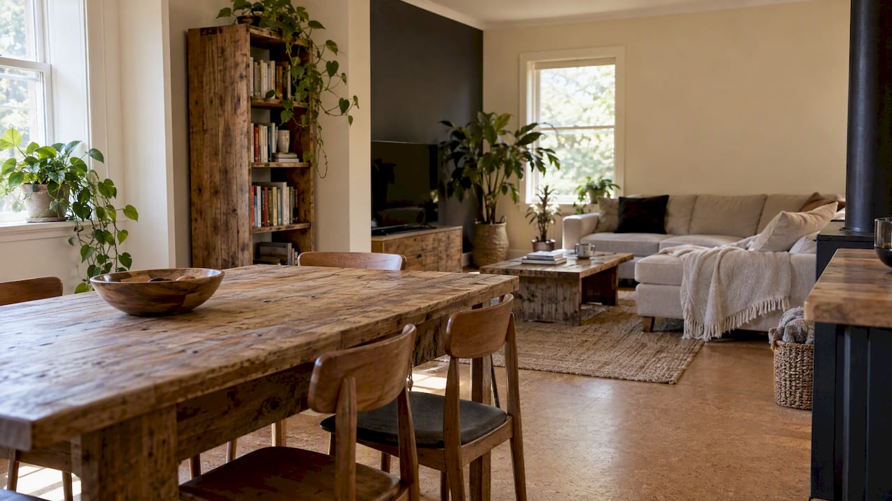 Living and dining room with sustainable materials