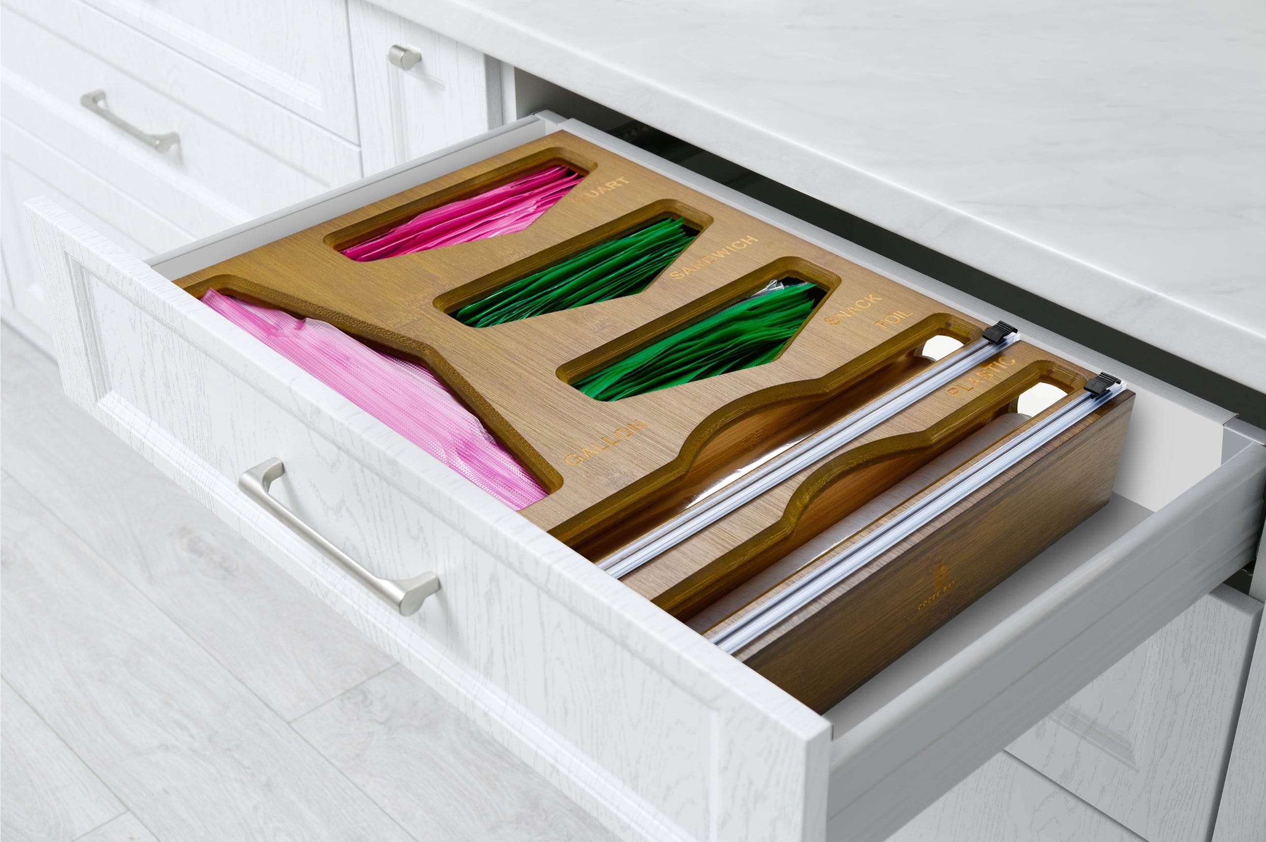 Ziplock Bag Storage Organizer and Dispenser for Kitchen Drawer