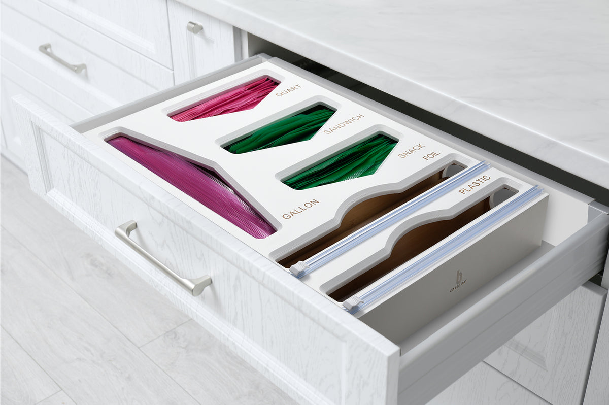 Cozee Bay® Bamboo Bag Organizer with Wrap Dispenser (White)