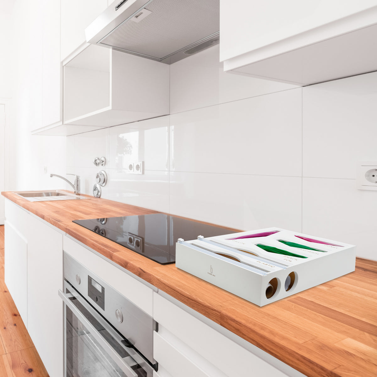 Cozee Bay® Bamboo Bag Organizer with Wrap Dispenser (White)