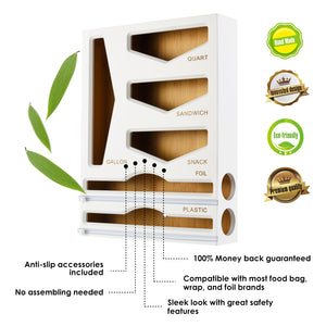 Cozee Bay® Bamboo Bag Organizer with Wrap Dispenser (White)