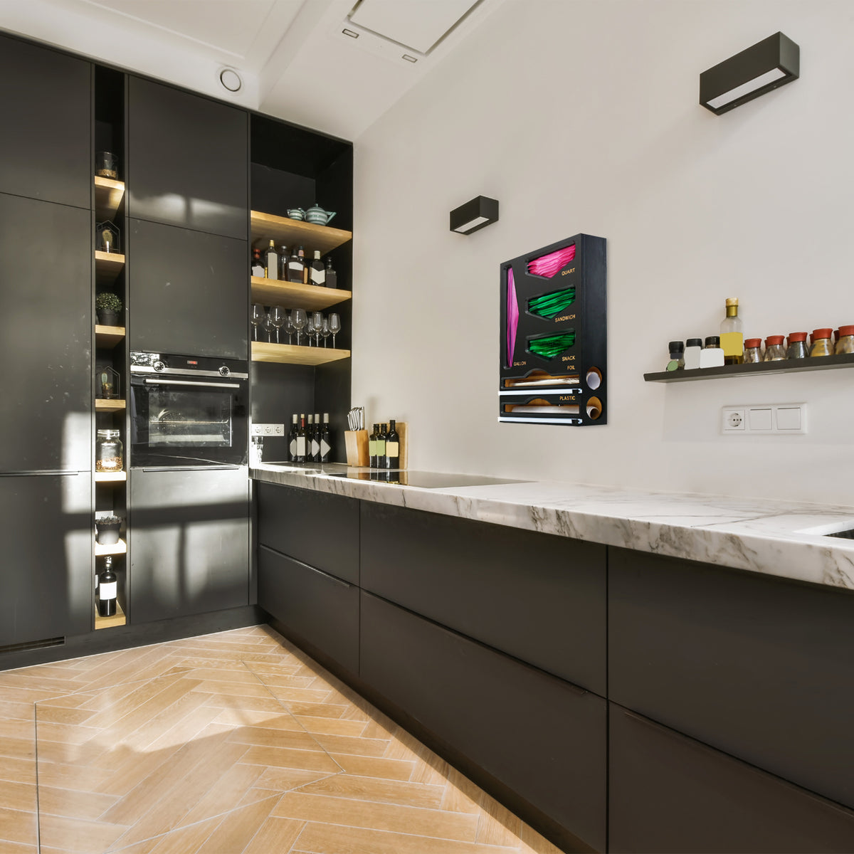 Cozee Bay® Bamboo Bag Organizer with Wrap Dispenser (Black)