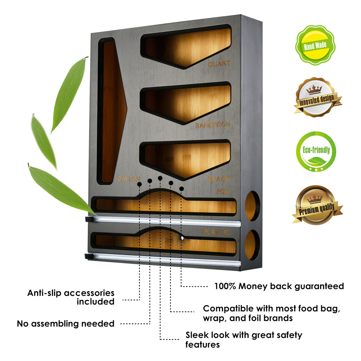 Cozee Bay® Bamboo Bag Organizer with Wrap Dispenser (Black)