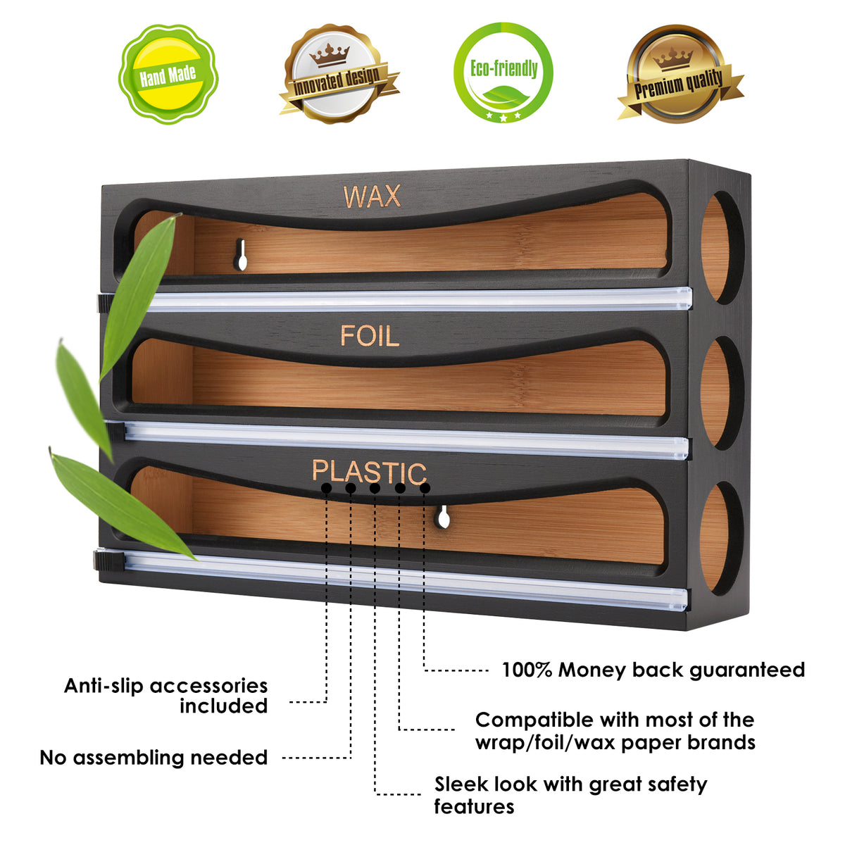 Cozee Bay® Bamboo Wrap Dispenser for 12" Roll (Black)