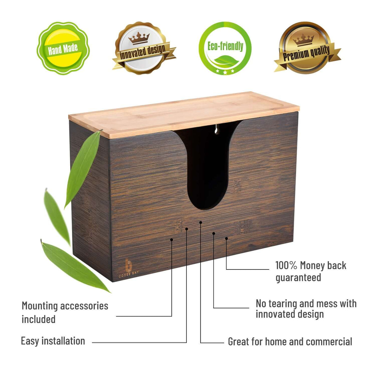 Cozee Bay Bamboo Paper Towel Dispenser, Paper Towel Holder with Lid for Home and Commercial, Wall Mount or Countertop (Vintage Brown)