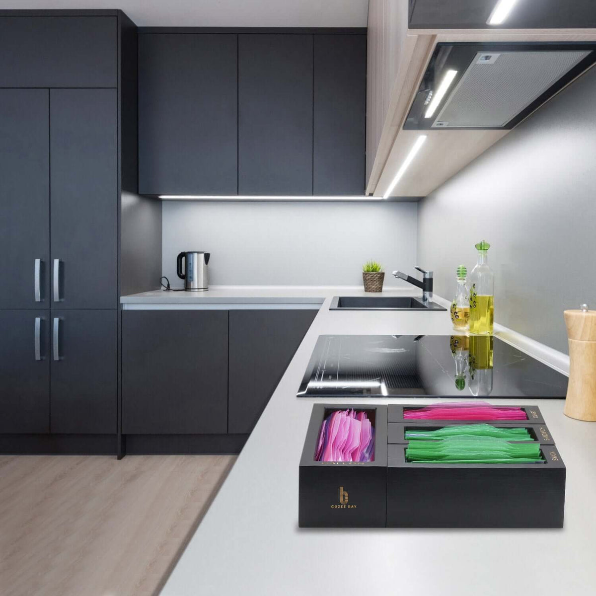 Cozee Bay Bamboo Bag Storage Organizer for Kitchen Drawer, Baggie organizer, Compatible with Gallon, Quart, Sandwich and Snack Variety Size Bags 4 Piece Set (Black)