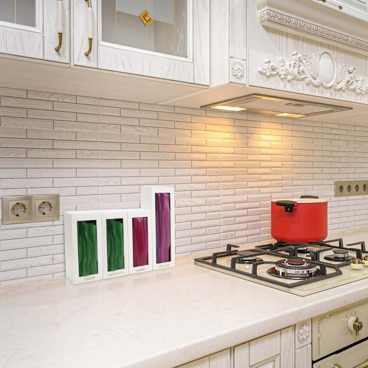 Cozee Bay Bamboo Bag Storage Organizer for Kitchen Drawer, Baggie organizer, Compatible with Gallon, Quart, Sandwich and Snack Variety Size Bags 4 Piece Set (White)