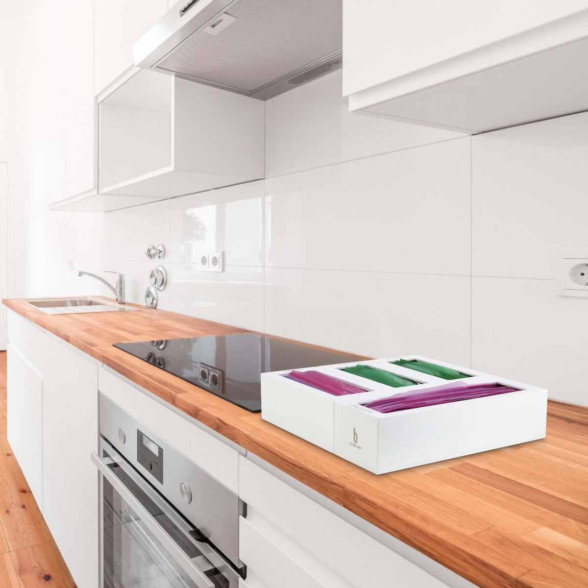 Cozee Bay Bamboo Bag Storage Organizer for Kitchen Drawer, Baggie organizer, Compatible with Gallon, Quart, Sandwich and Snack Variety Size Bags 4 Piece Set (White)