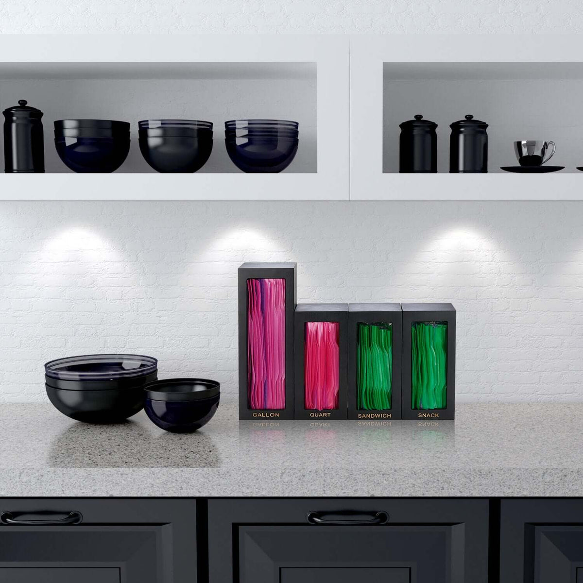 Cozee Bay Bamboo Bag Storage Organizer for Kitchen Drawer, Baggie organizer, Compatible with Gallon, Quart, Sandwich and Snack Variety Size Bags 4 Piece Set (Black)