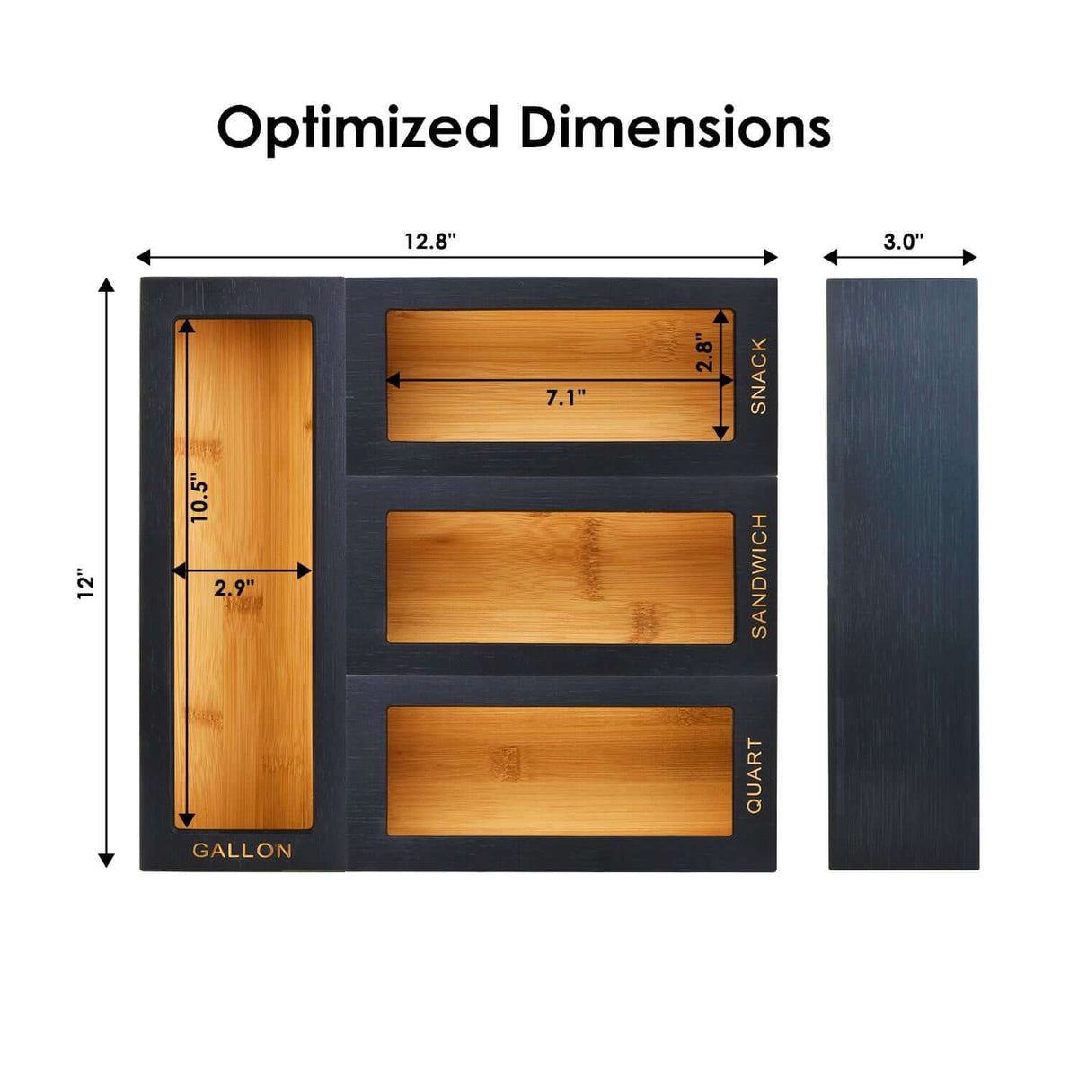 Cozee Bay Bamboo Bag Storage Organizer for Kitchen Drawer, Baggie organizer, Compatible with Gallon, Quart, Sandwich and Snack Variety Size Bags 4 Piece Set (Black)